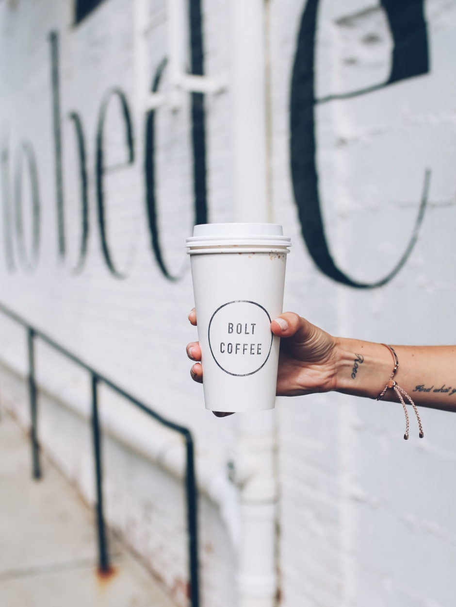 Jess Ann Kirby grabs a coffee at Bolt Coffee Co in Providence Rhode Island