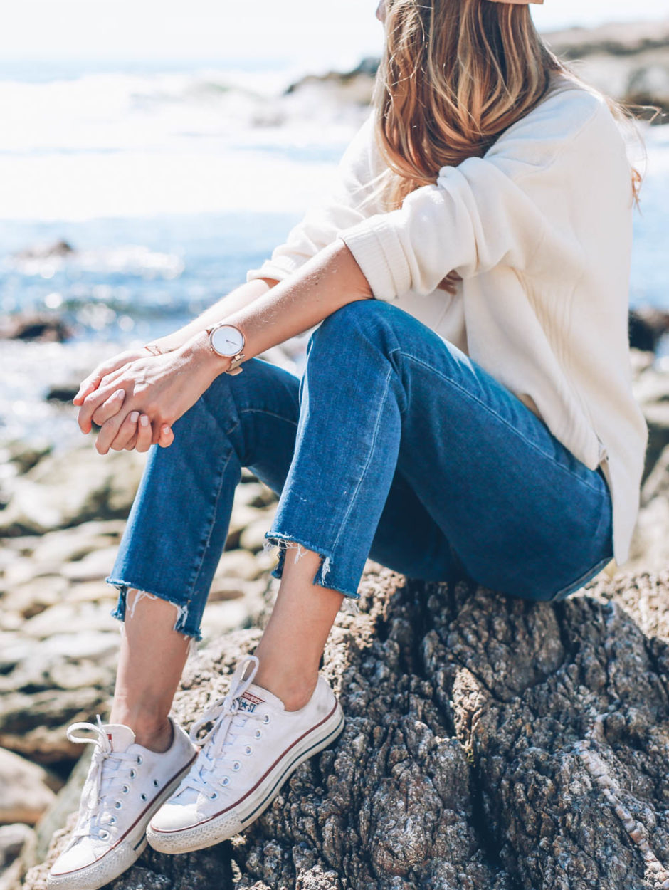 Jess Ann Kirby in converse sneakers and Paige denim in Newport Rhode Island shares the past four years as a blogger