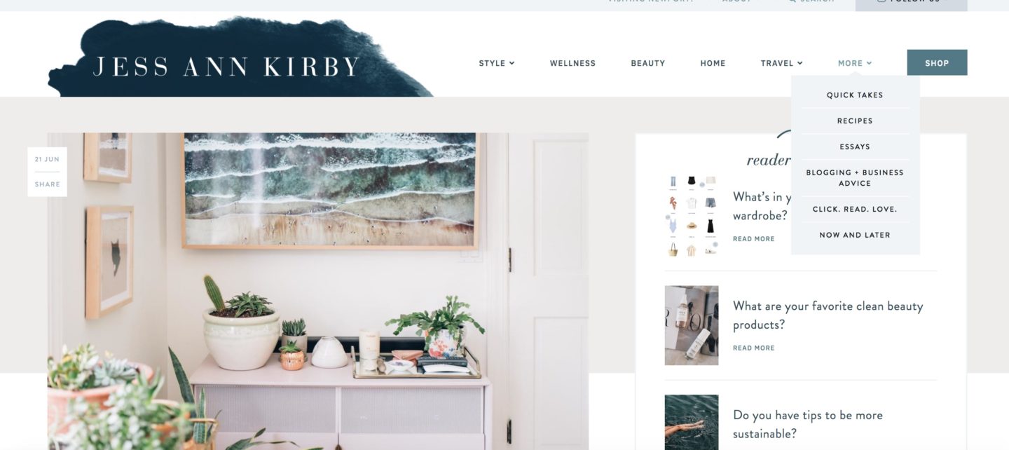 Jess Ann Kirby's site offers a multiple of topics, from recipes to essays and travel guides.