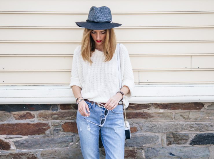 BOYFRIEND DENIM AND WHITE CHUNKY KNIT SWEATER