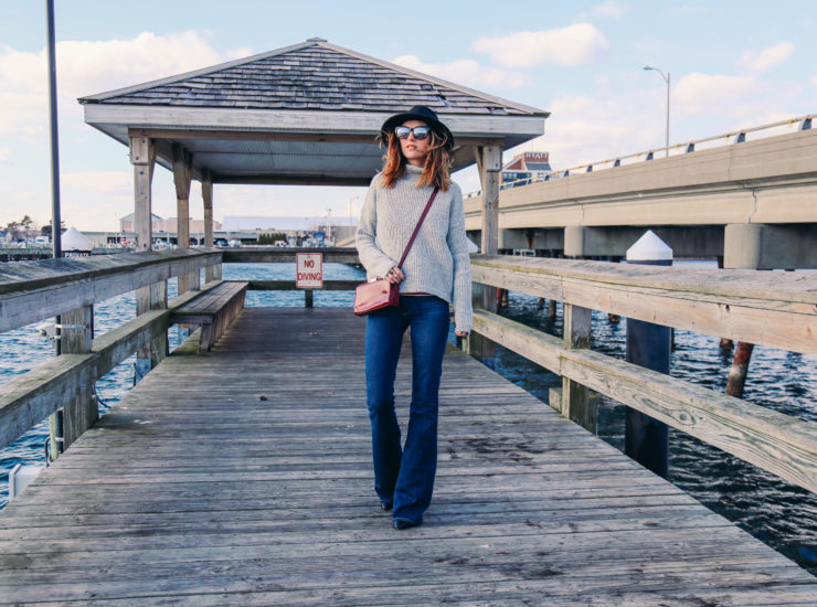 FLARED JEANS AND GRAY SWEATER