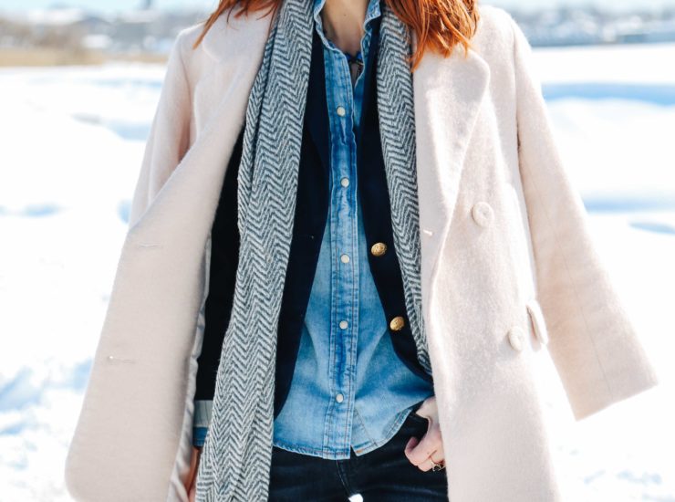 NAVY BLUE ANKLE BOOTS AND BLUSH COAT 