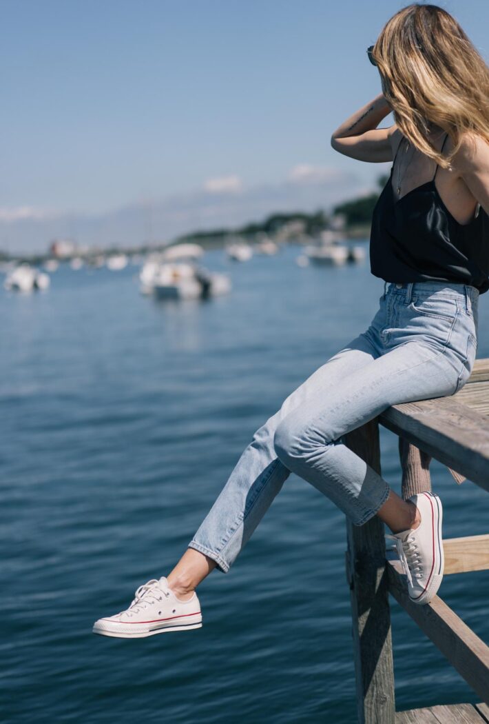 Jess Ann Kirby Tips for Slowing Down | Paige silk tank top with casual basics for a later summer look